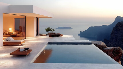 Fototapeta premium Modern Cliffside Villa with Infinity Pool Overlooking Ocean and Mountains at Sunset