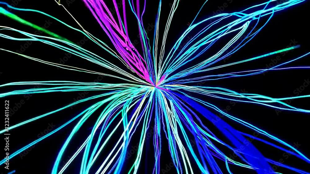 Poster futuristic visual display with vibrant neon colors and dynamic lines interacting in a dark environme
