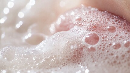 Fototapeta premium Macro close up of soap bubbles on skin texture.