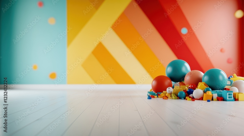 Poster an abstract composition displaying an array of colorful toys and geometric shapes scattered on a woo