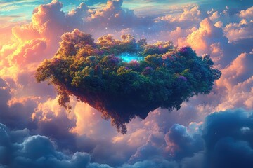 A floating island in the sky, covered in lush, colorful vegetation, surrounded by clouds that shift in vibrant hues