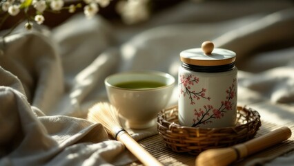 Matcha Tea Set with Whisk and Decorated Jar, Soft Natural Light, Still Life