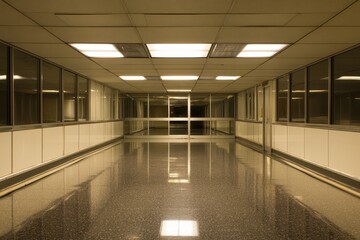 Fototapeta premium Modern empty corridor with reflective floor and overhead lights