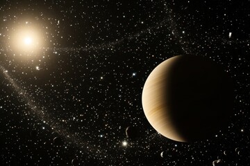 Exploration of a distant planet in a vibrant galaxy with numerous celestial bodies