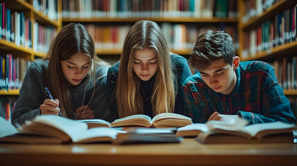 Three Students Study Diligently Together in the Library, Surrounded by Books and Knowledge
