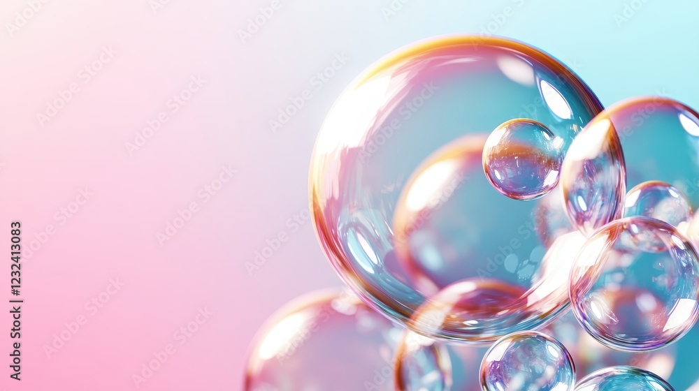 Poster this image showcases an array of vibrant soap bubbles, featuring a soft pastel background that enhan