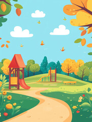 Fototapeta premium A colorful playground scene featuring a red slide, climbing structure, and a winding path. Surrounding trees display autumn colors with yellow and orange leaves.