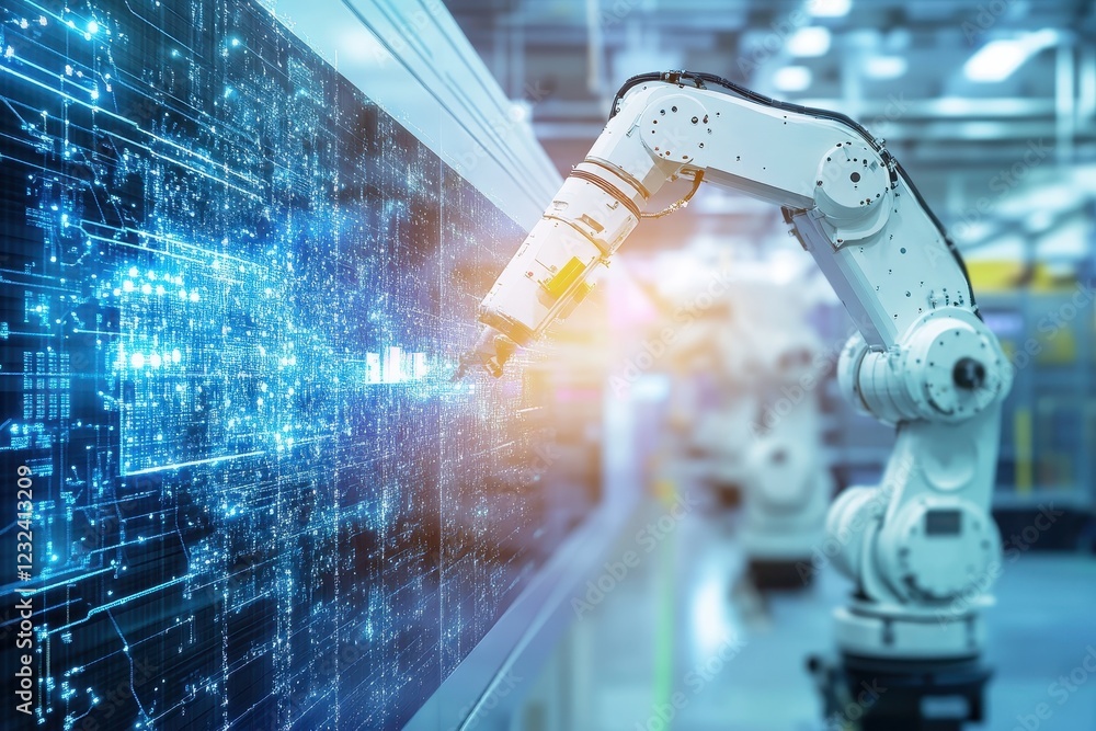Poster robotic arm interacting with technology interface in modern factory