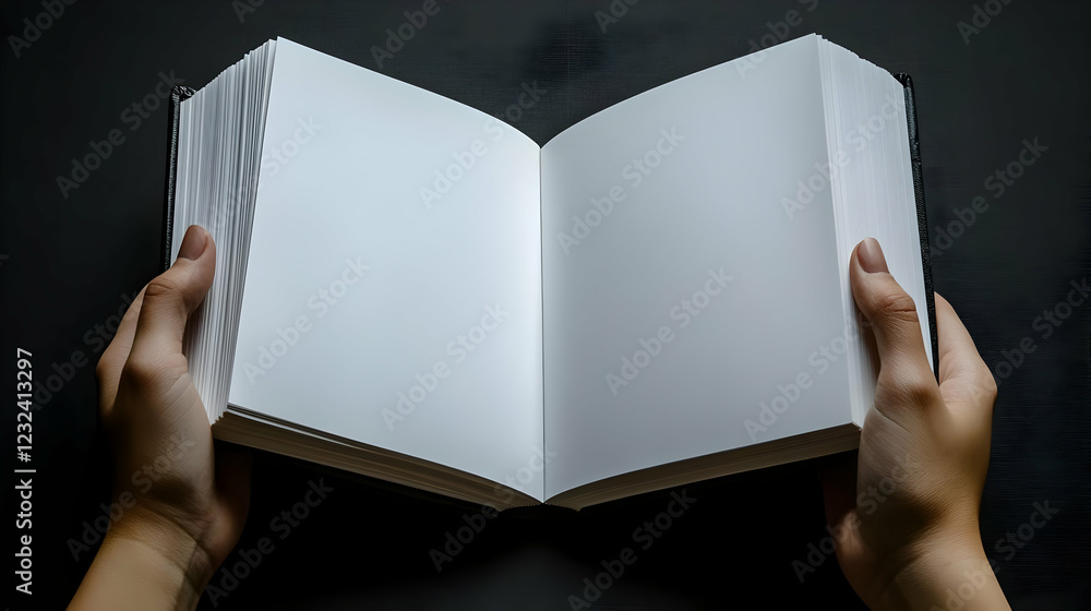 Poster hands hold open book with blank pages on a dark background ready for text or design elements