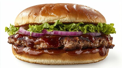 BBQ burger, lettuce, onion, bun, white background, food photography