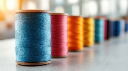 A vibrant collection of spools of thread in various colors, showcasing their texture and sheen, perfect for sewing enthusiasts and artists alike.