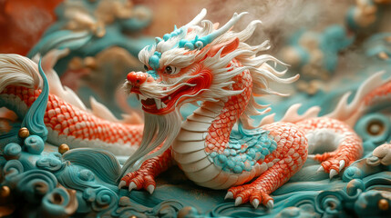 Fototapeta premium Ornate and colorful Chinese dragon sculpture in a traditional setting with detailed craftsmanship and artistic beauty