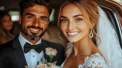Newlywed Couple Smiles in Car After Wedding Ceremony with Beautiful Flowers and Veil