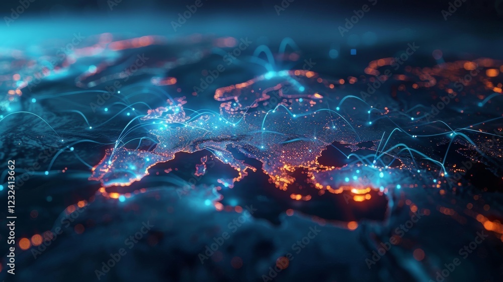 Poster A digital map showcases Europe with vibrant blue and orange lines symbolizing connections between cities, emphasizing networks and data flows across the region.
