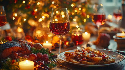 A festive Christmas dinner table with a glass of red wine, warm candlelight, and delicious holiday food in a cozy ambiance