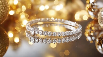 Sophisticated diamond bracelet placed on a mirrored surface reflecting golden Christmas lights.