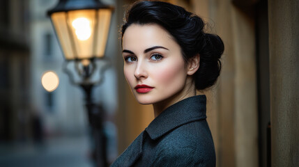 Intriguing woman in a fitted trench coat standing under a vintage streetlamp evoking classic film noir vibes in a city setting