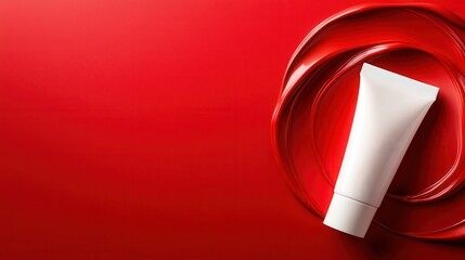 A sleek, white skincare tube positioned artistically on a bold red background, symbolizing beauty, freshness, and vibrancy in personal care and cosmetics.