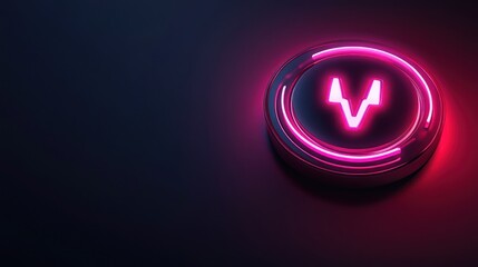 Neon V symbol, dark background, glowing button, futuristic interface