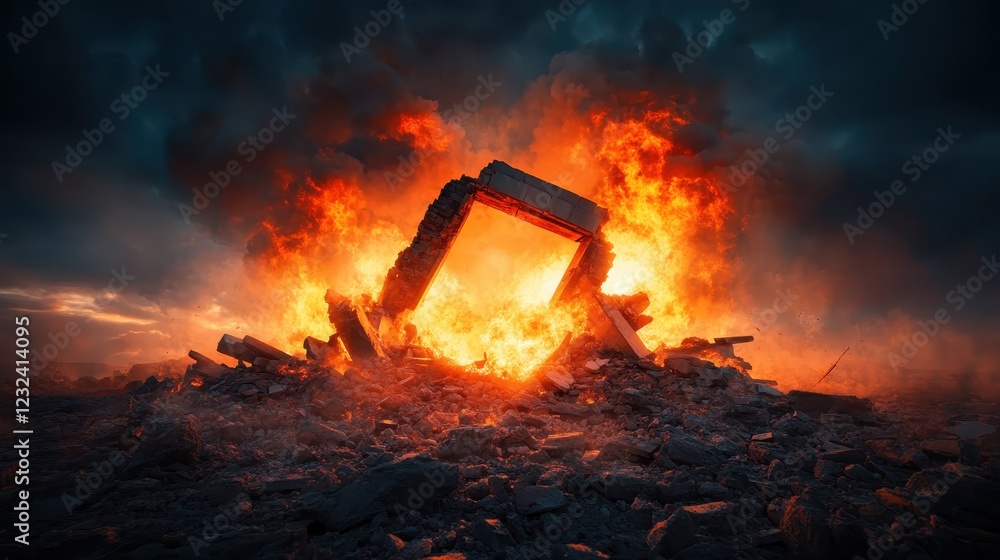 Poster in this striking image, flames erupt from the center of a collapsed structure, embodying the chaos a