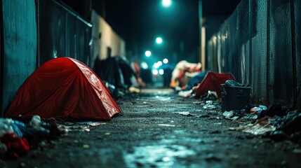 A nighttime scene capturing a narrow alley filled with red tents, emphasizing the struggle for shelter and the challenges faced by those experiencing homelessness.