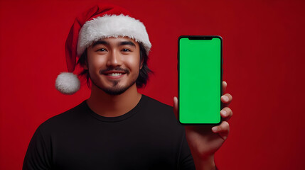 Smiling Man in Santa Hat Shows Smartphone with Green Screen on Red Background for Festive Promotion