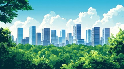 Obraz premium Vibrant city skyline viewed from a lush green forest, under a bright, sunny sky with fluffy white clouds. Pixel art style