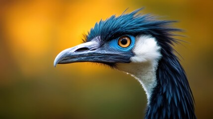 This captivating bird with striking blue features and a vibrant expression stands out superbly against a beautifully blurred background, embodying a unique avian character.