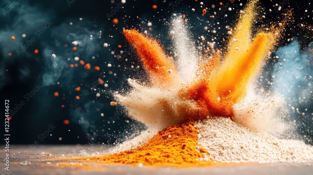 Poster This dynamic image captures a vibrant explosion of colored powders, representing creativity and joy, beautifully illustrated with an array of lively colors and particles.