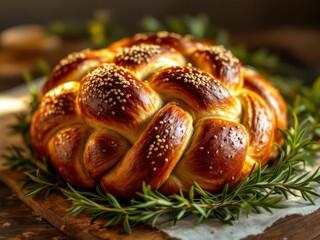 Close-up of a Braided Challah Bread with Sesame Seeds and Rosemary, Low Key Lighting
