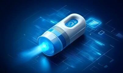 Futuristic device, blue light, tech background, data stream