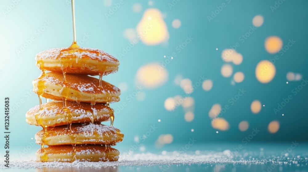 Poster a visually striking stack of pancakes topped with syrup and a dusting of powdered sugar against a so