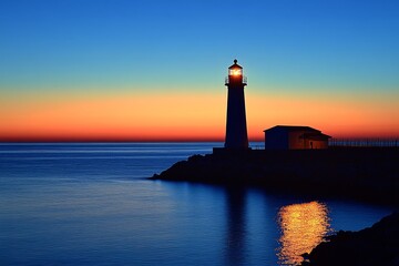 Fototapeta premium Silhouette of the Barletta lighthouse at sunset, with blue and orange hues over the sea horizon, the pier, and a small building illuminated by the warm light.