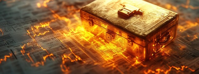 Glowing Golden Briefcase on Financial Charts Investment Success