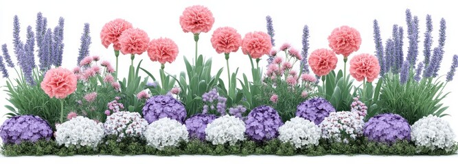 Vibrant flower arrangement featuring pink carnations, lavender, and white and purple hydrangeas. Lush greenery creates a full, blooming border. The