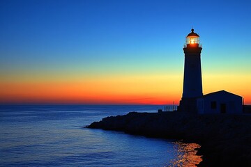 Silhouette of the Barletta lighthouse at sunset, with blue and orange hues over the sea horizon, the pier, and a small building illuminated by the warm light.