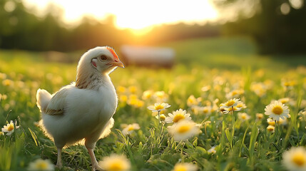 A Fluffy Chick Explores a Field of Daisies at Golden Hour in Nature