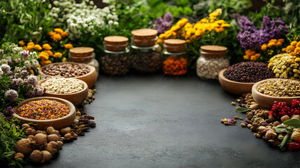 Assorted Seeds, Nuts, Dried Fruits, and Fresh Herbs Arranged Beautifully on a Dark Surface