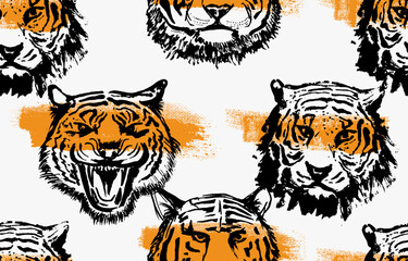 Hand drawn abstract creative seamless pattern with tigers face. Orange dry brush stroke texture. Design for fashion fabric, decoration, wrapping, business seamless pattern. Vector illustration.