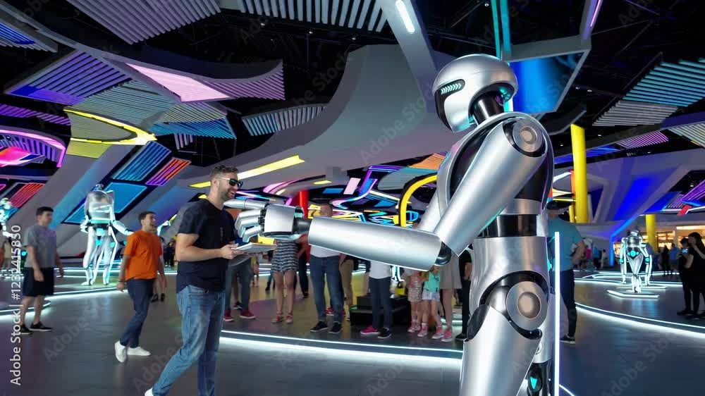 Poster exploring a futuristic exhibition filled with advanced robots and vibrant holographic displays in a 