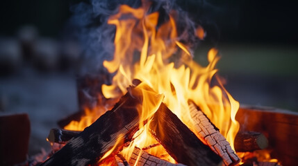 close-up campfire flames wood burning smoke rising evening lighting shallow depth of field