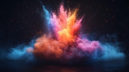 Naklejka premium Colorful powder explosion, dark background, vibrant hues, design element