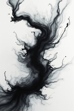 Black alcohol ink paint stroke flowing on white background. Watercolor splash, painting effect. Marble style. Abstract art design. Smoke or marble canvas texture