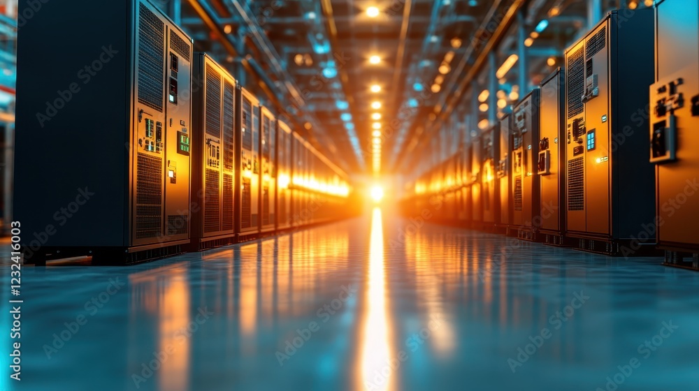 Poster a stunning view of a modern data center with illuminated servers emphasizing technology, innovation,