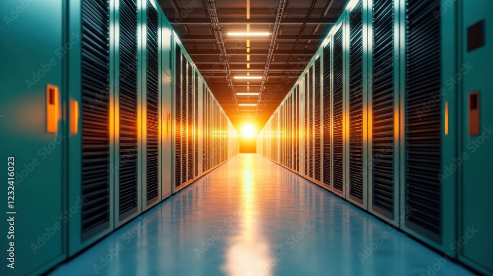 Poster an inspiring view of a data center corridor bathed in sunset light, symbolizing the fusion of techno