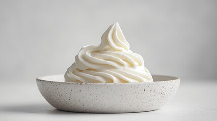 Creamy frosting swirl in bowl, white background, food photography, recipe website
