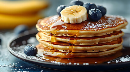 Stack of pancakes topped with fresh blueberries, a banana slice, and drizzled with syrup on a dark plate.