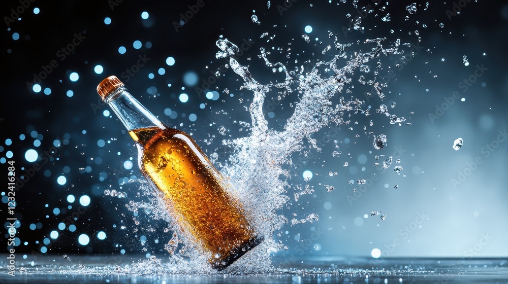 Poster a bottle of drink bursts through the surface, creating dynamic splashes of liquid and showcasing viv