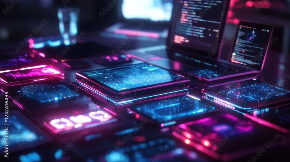 Poster futuristic data analysis; glowing screens display charts, graphs, and code; dark tech background; id