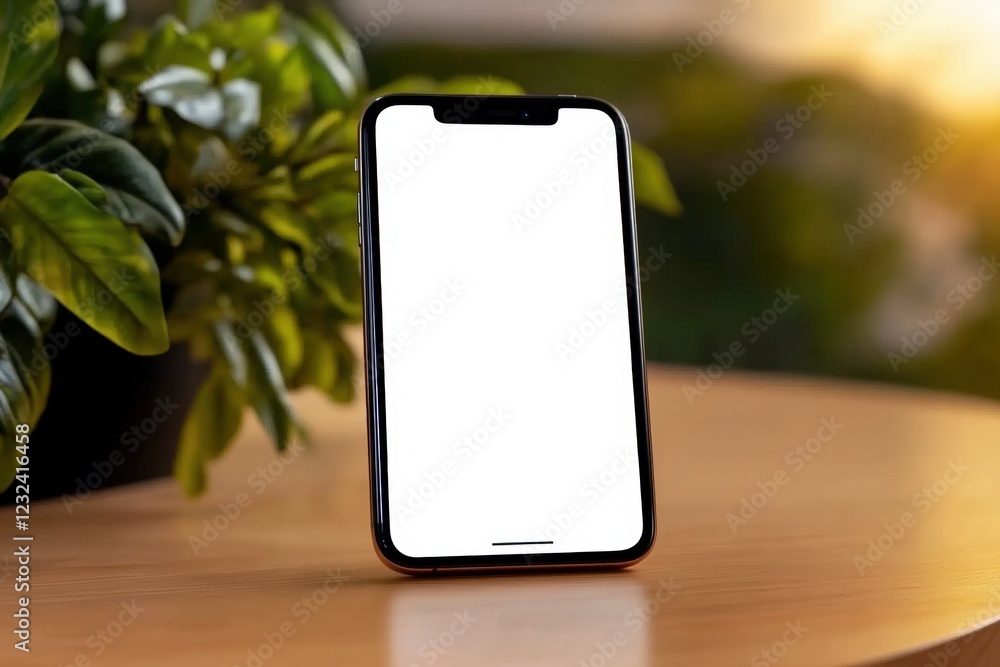 Poster smartphone placed on wooden table with green plant in background creating a modern workspace atmosph